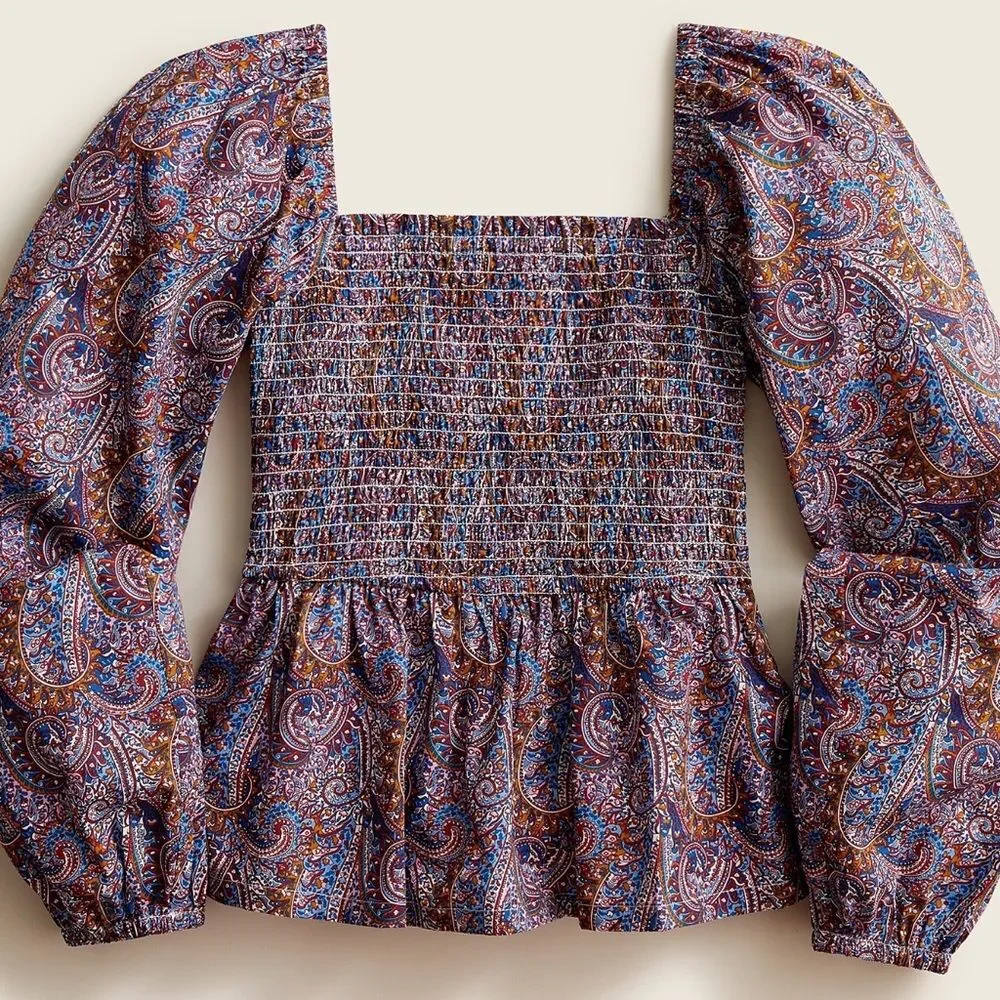 J Crew Liberty Puff Sleeve Smocked Top in‎ Tropical Prince Print Size XXS